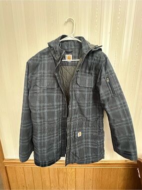 Carhartt Gray Plaid Quilted Hooded Utility Jacket